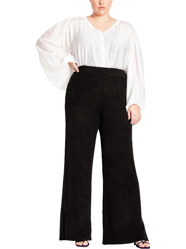 plaid detail pants -Womens Split Hem Long Wide Leg Pants